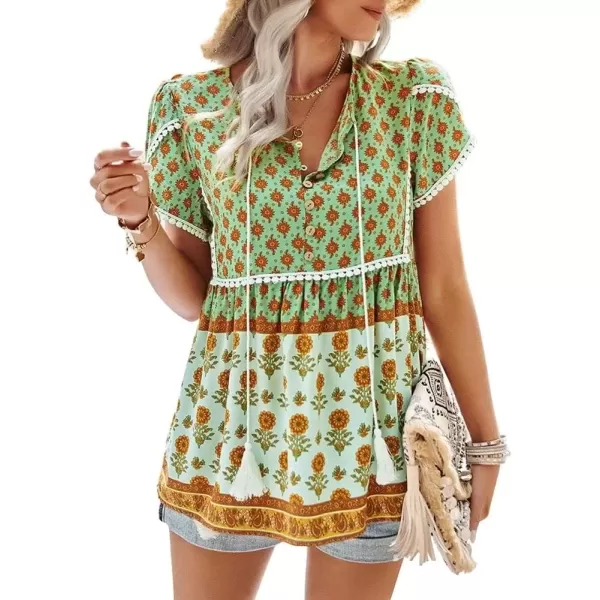 imagechouyatou Womens Summer Petal Sleeve Floral Print Boho Babydoll Blouse Shirt TopsGreen
