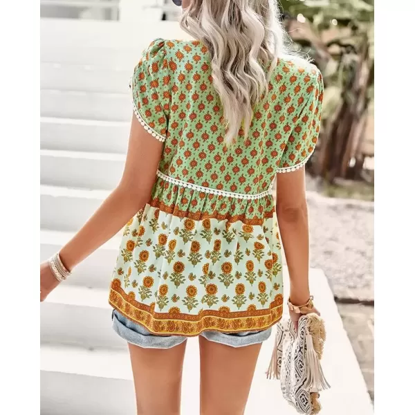 imagechouyatou Womens Summer Petal Sleeve Floral Print Boho Babydoll Blouse Shirt TopsGreen