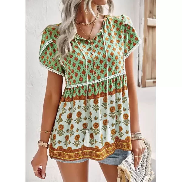 imagechouyatou Womens Summer Petal Sleeve Floral Print Boho Babydoll Blouse Shirt TopsGreen