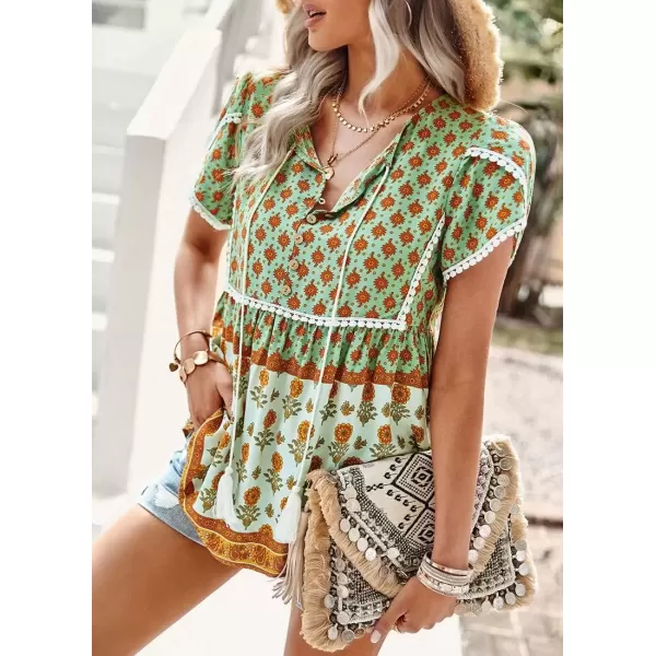 imagechouyatou Womens Summer Petal Sleeve Floral Print Boho Babydoll Blouse Shirt TopsGreen