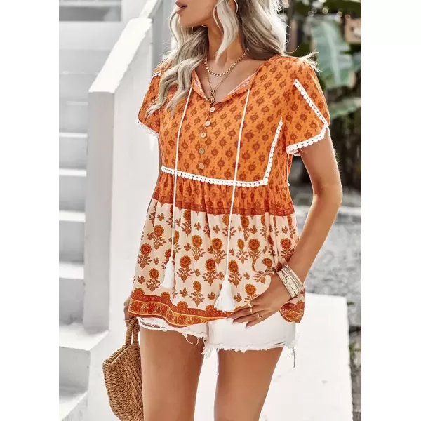 imagechouyatou Womens Summer Petal Sleeve Floral Print Boho Babydoll Blouse Shirt TopsOrange