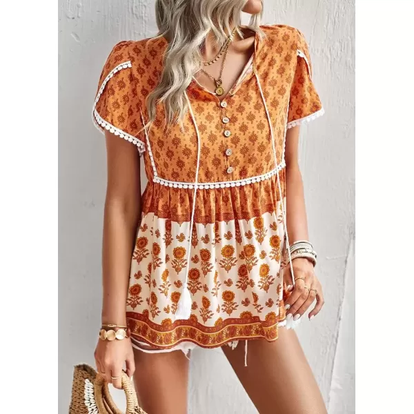 imagechouyatou Womens Summer Petal Sleeve Floral Print Boho Babydoll Blouse Shirt TopsOrange