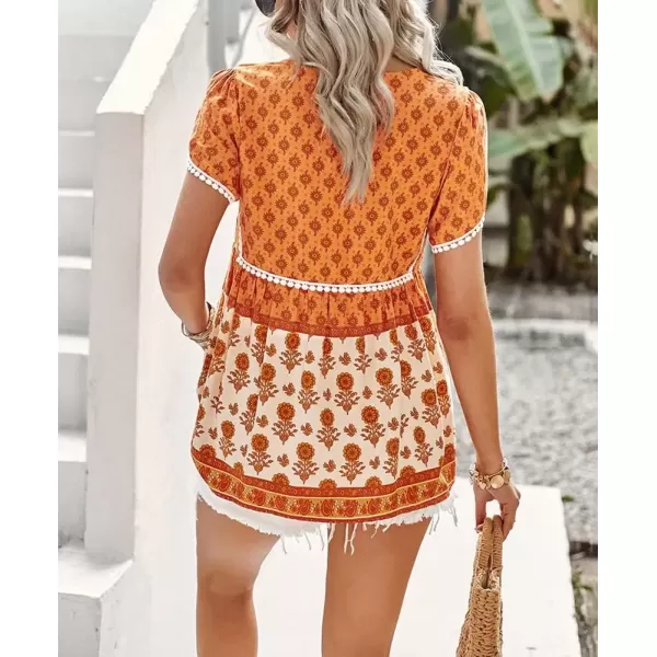 imagechouyatou Womens Summer Petal Sleeve Floral Print Boho Babydoll Blouse Shirt TopsOrange