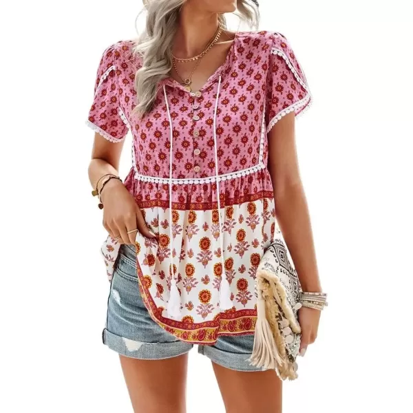 imagechouyatou Womens Summer Petal Sleeve Floral Print Boho Babydoll Blouse Shirt TopsPink
