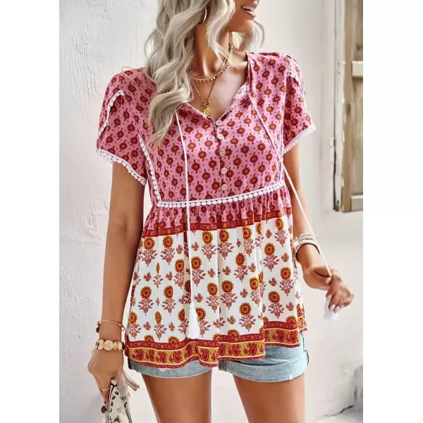 imagechouyatou Womens Summer Petal Sleeve Floral Print Boho Babydoll Blouse Shirt TopsPink