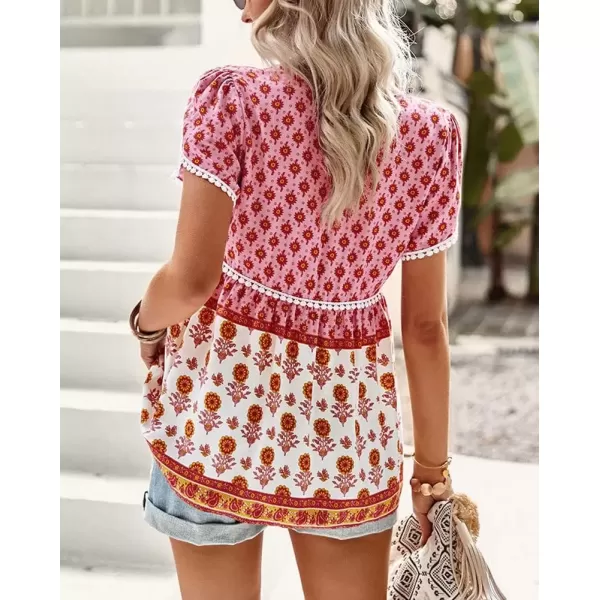 imagechouyatou Womens Summer Petal Sleeve Floral Print Boho Babydoll Blouse Shirt TopsPink