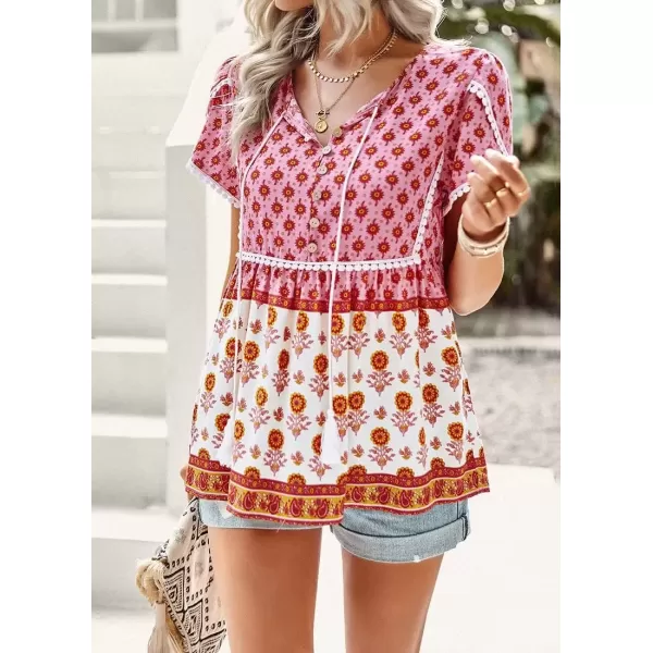 imagechouyatou Womens Summer Petal Sleeve Floral Print Boho Babydoll Blouse Shirt TopsPink