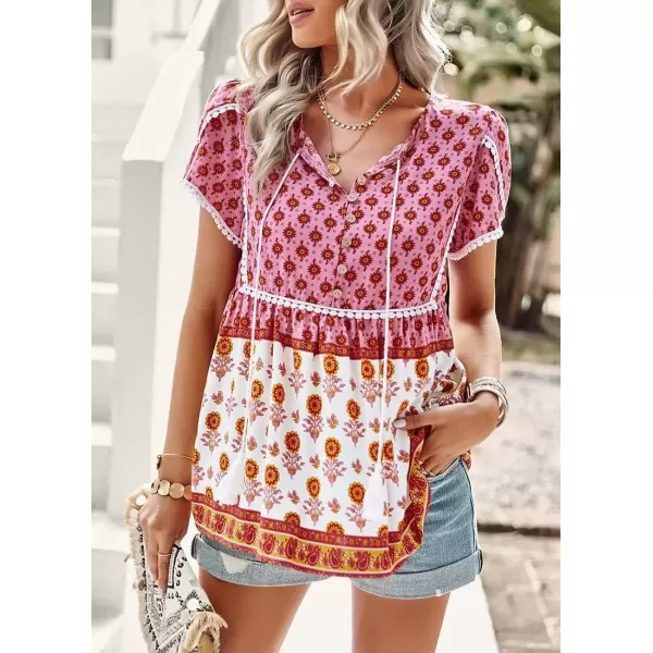imagechouyatou Womens Summer Petal Sleeve Floral Print Boho Babydoll Blouse Shirt TopsPink
