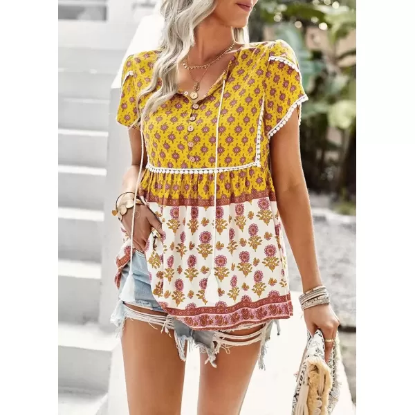 imagechouyatou Womens Summer Petal Sleeve Floral Print Boho Babydoll Blouse Shirt TopsYellow