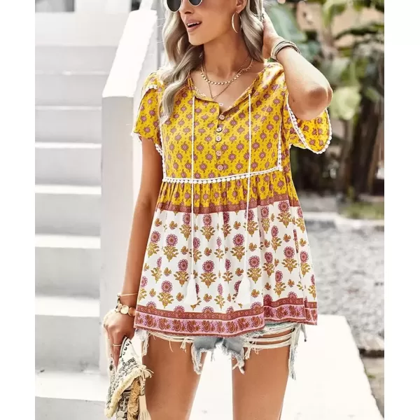 imagechouyatou Womens Summer Petal Sleeve Floral Print Boho Babydoll Blouse Shirt TopsYellow