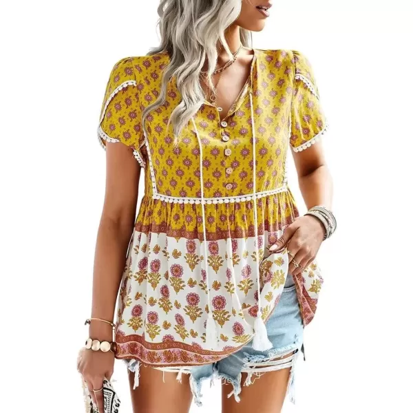 imagechouyatou Womens Summer Petal Sleeve Floral Print Boho Babydoll Blouse Shirt TopsYellow