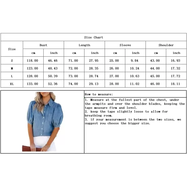 imagechouyatou Womens Summer Puff Sleeve Denim Shirt Business Casual Tops Blouse ButtonDown ShirtBlue