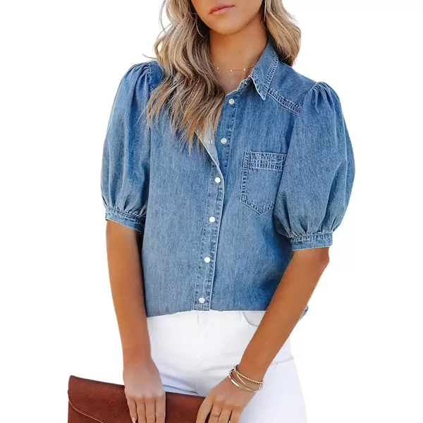 imagechouyatou Womens Summer Puff Sleeve Denim Shirt Business Casual Tops Blouse ButtonDown ShirtBlue