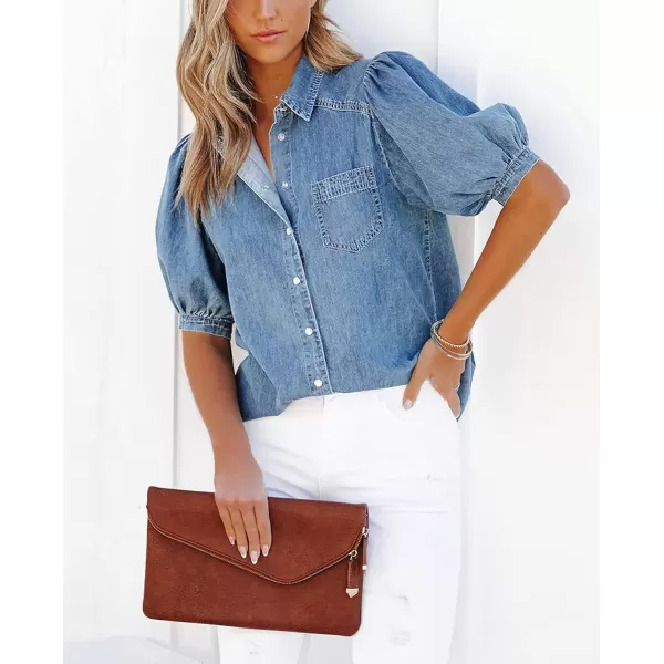 imagechouyatou Womens Summer Puff Sleeve Denim Shirt Business Casual Tops Blouse ButtonDown ShirtBlue