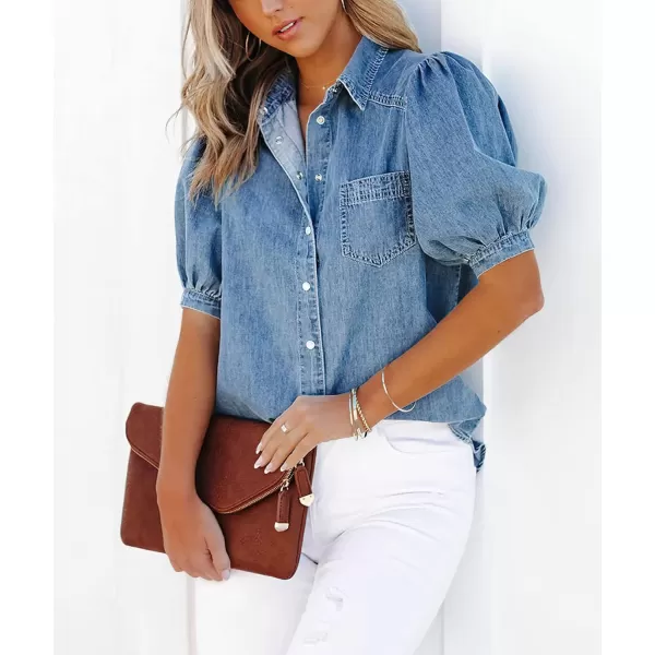 imagechouyatou Womens Summer Puff Sleeve Denim Shirt Business Casual Tops Blouse ButtonDown ShirtBlue