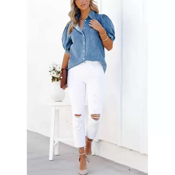 imagechouyatou Womens Summer Puff Sleeve Denim Shirt Business Casual Tops Blouse ButtonDown ShirtBlue