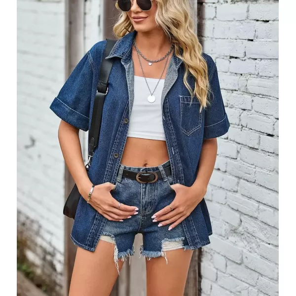 imagechouyatou Womens Summer Short Sleeve Denim Shirt Oversized Jean Button Down Shirt Top BlouseDark Blue