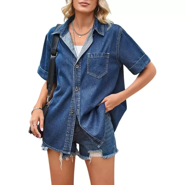 imagechouyatou Womens Summer Short Sleeve Denim Shirt Oversized Jean Button Down Shirt Top BlouseDark Blue