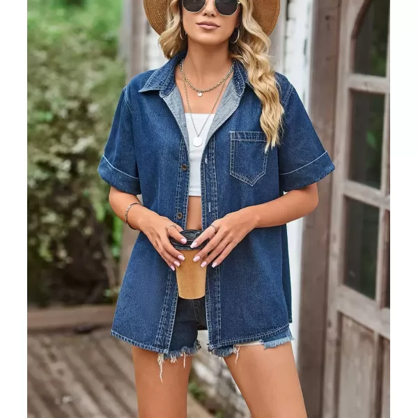 imagechouyatou Womens Summer Short Sleeve Denim Shirt Oversized Jean Button Down Shirt Top BlouseDark Blue