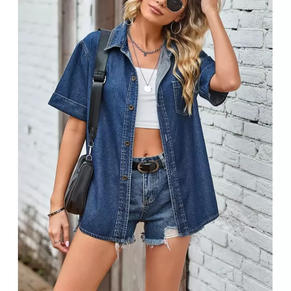 imagechouyatou Womens Summer Short Sleeve Denim Shirt Oversized Jean Button Down Shirt Top BlouseDark Blue