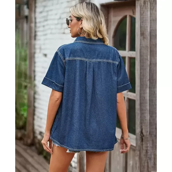 imagechouyatou Womens Summer Short Sleeve Denim Shirt Oversized Jean Button Down Shirt Top BlouseDark Blue