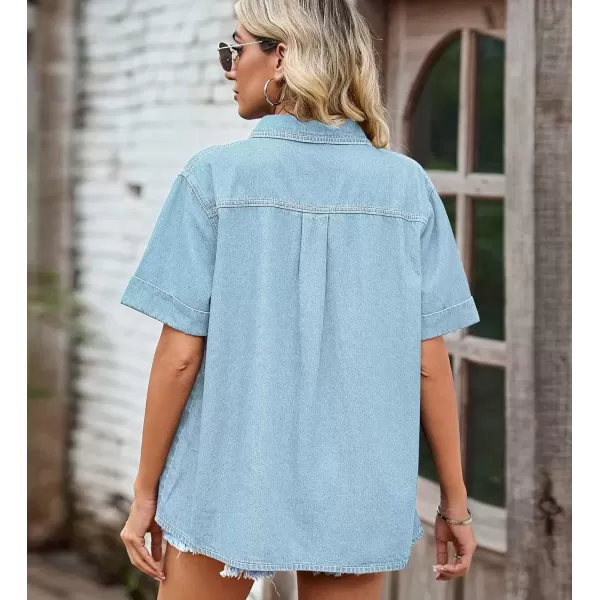 imagechouyatou Womens Summer Short Sleeve Denim Shirt Oversized Jean Button Down Shirt Top BlouseLight Blue