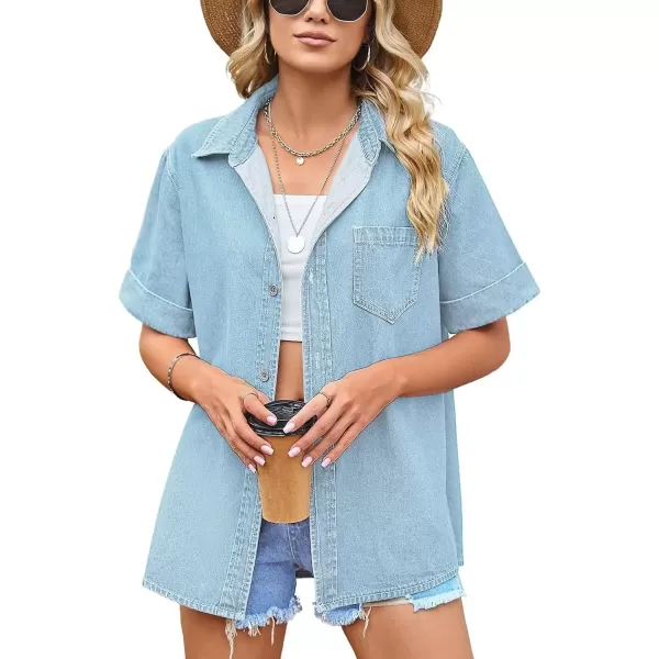 imagechouyatou Womens Summer Short Sleeve Denim Shirt Oversized Jean Button Down Shirt Top BlouseLight Blue