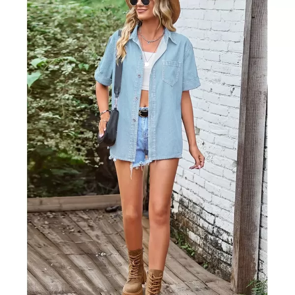 imagechouyatou Womens Summer Short Sleeve Denim Shirt Oversized Jean Button Down Shirt Top BlouseLight Blue