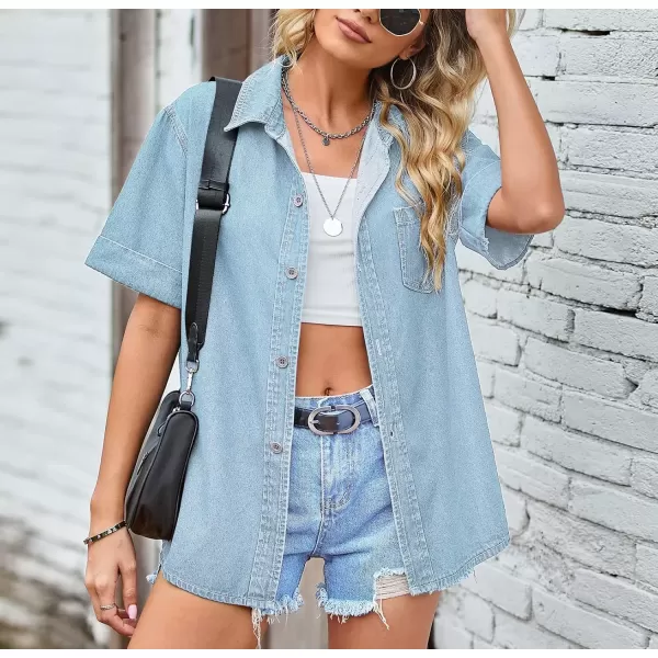 imagechouyatou Womens Summer Short Sleeve Denim Shirt Oversized Jean Button Down Shirt Top BlouseLight Blue
