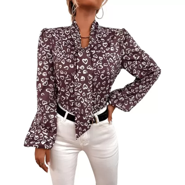 imagechouyatou Womens Tie Neck Blouse Floral Print Lantern Long Sleeve Casual Work Office Shirt TopsBrown Heart