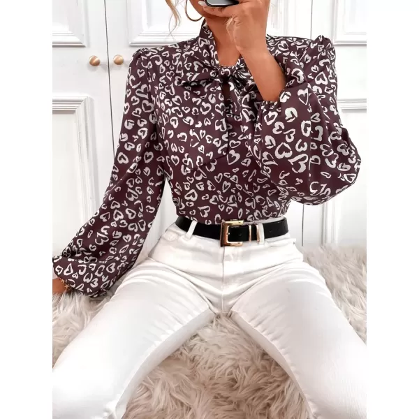 imagechouyatou Womens Tie Neck Blouse Floral Print Lantern Long Sleeve Casual Work Office Shirt TopsBrown Heart