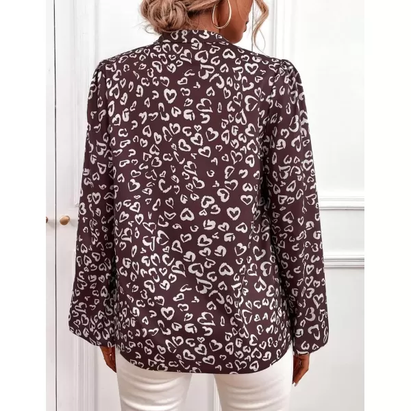 imagechouyatou Womens Tie Neck Blouse Floral Print Lantern Long Sleeve Casual Work Office Shirt TopsBrown Heart