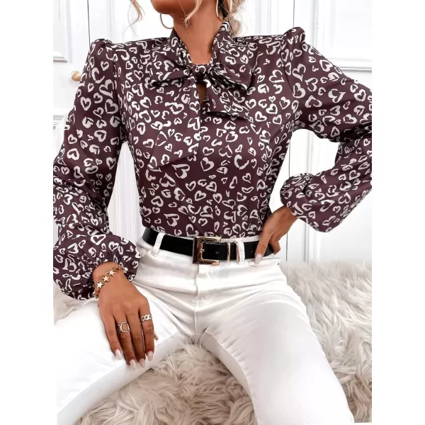 imagechouyatou Womens Tie Neck Blouse Floral Print Lantern Long Sleeve Casual Work Office Shirt TopsBrown Heart