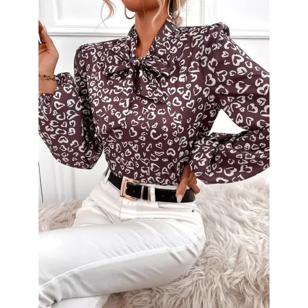 imagechouyatou Womens Tie Neck Blouse Floral Print Lantern Long Sleeve Casual Work Office Shirt TopsBrown Heart