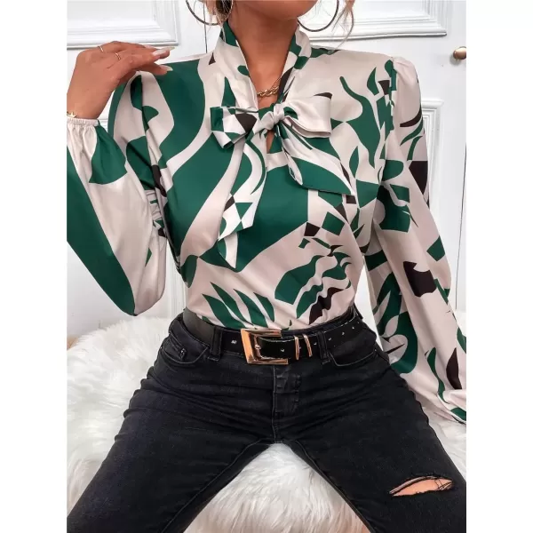 imagechouyatou Womens Tie Neck Blouse Floral Print Lantern Long Sleeve Casual Work Office Shirt TopsDark Green