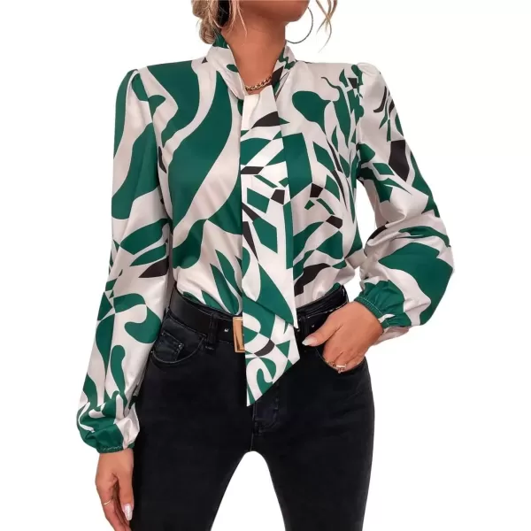 imagechouyatou Womens Tie Neck Blouse Floral Print Lantern Long Sleeve Casual Work Office Shirt TopsDark Green