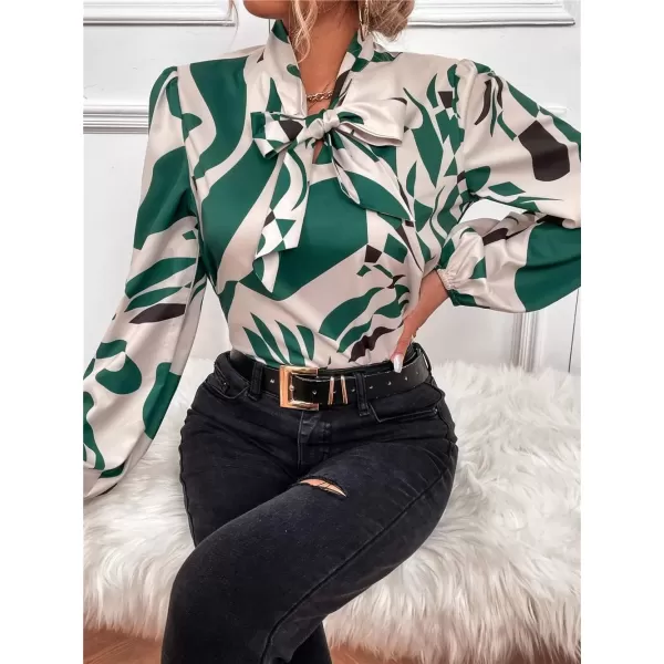 imagechouyatou Womens Tie Neck Blouse Floral Print Lantern Long Sleeve Casual Work Office Shirt TopsDark Green