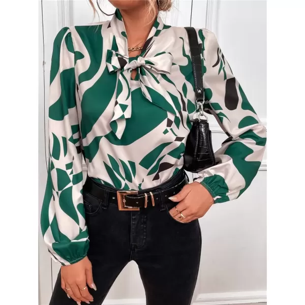 imagechouyatou Womens Tie Neck Blouse Floral Print Lantern Long Sleeve Casual Work Office Shirt TopsDark Green