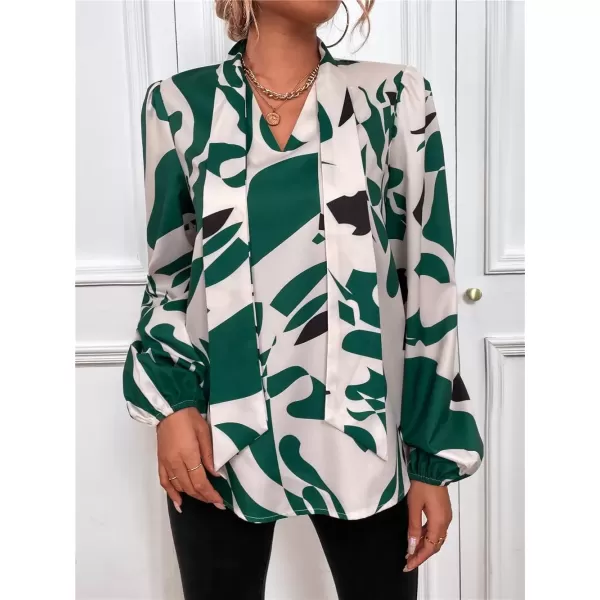 imagechouyatou Womens Tie Neck Blouse Floral Print Lantern Long Sleeve Casual Work Office Shirt TopsDark Green