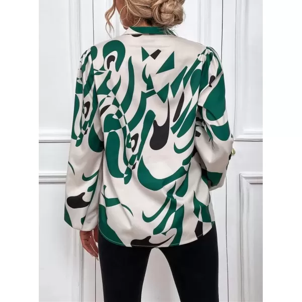 imagechouyatou Womens Tie Neck Blouse Floral Print Lantern Long Sleeve Casual Work Office Shirt TopsDark Green
