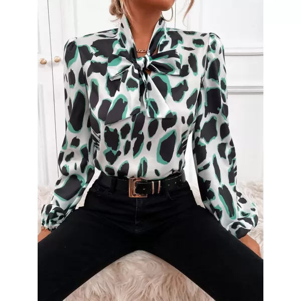 imagechouyatou Womens Tie Neck Blouse Floral Print Lantern Long Sleeve Casual Work Office Shirt TopsGreen Leopard