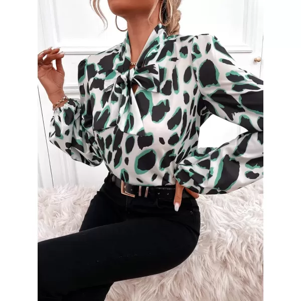imagechouyatou Womens Tie Neck Blouse Floral Print Lantern Long Sleeve Casual Work Office Shirt TopsGreen Leopard