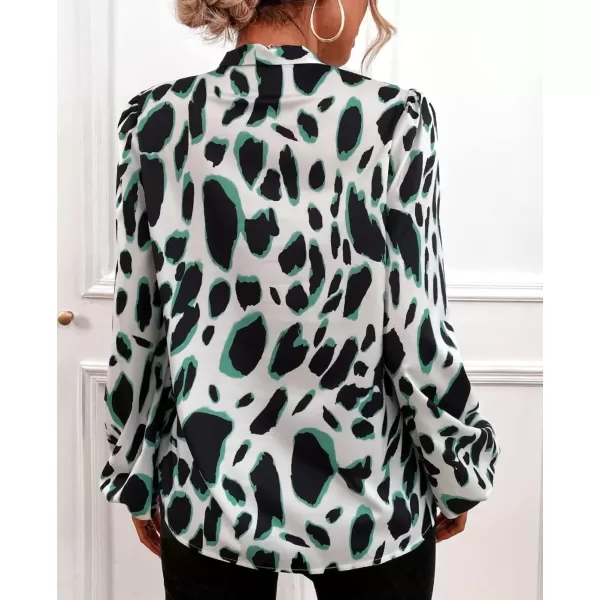 imagechouyatou Womens Tie Neck Blouse Floral Print Lantern Long Sleeve Casual Work Office Shirt TopsGreen Leopard