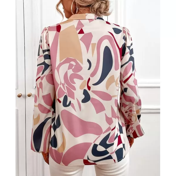 imagechouyatou Womens Tie Neck Blouse Floral Print Lantern Long Sleeve Casual Work Office Shirt TopsPink Geo