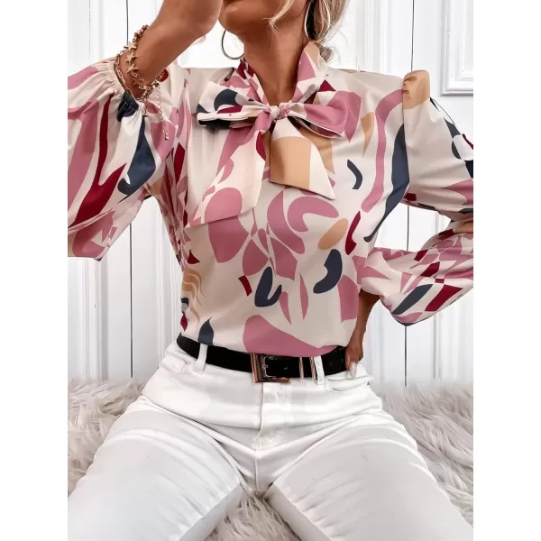 imagechouyatou Womens Tie Neck Blouse Floral Print Lantern Long Sleeve Casual Work Office Shirt TopsPink Geo