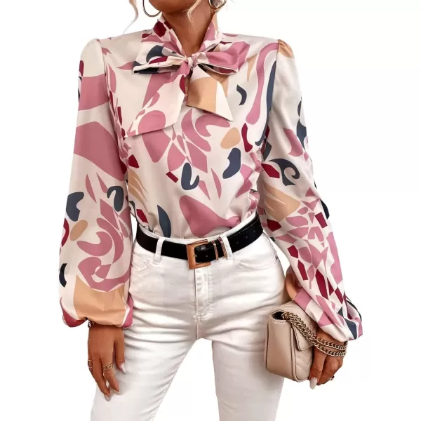 imagechouyatou Womens Tie Neck Blouse Floral Print Lantern Long Sleeve Casual Work Office Shirt TopsPink Geo