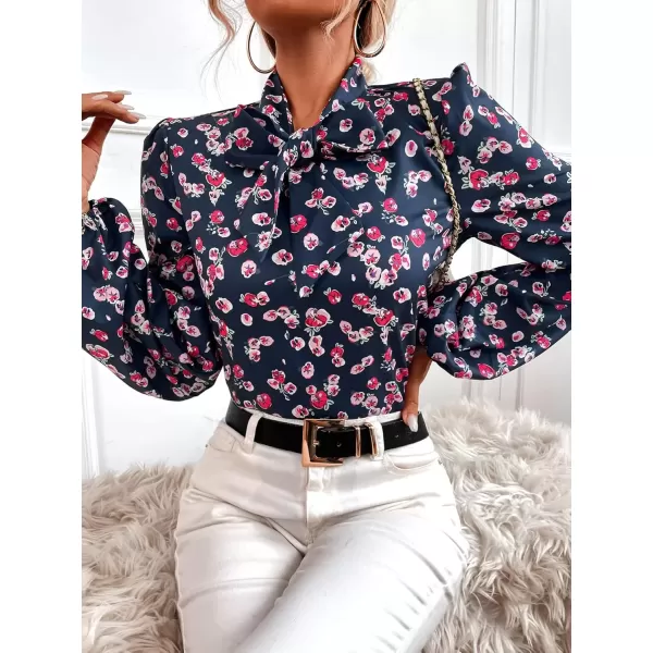 imagechouyatou Womens Tie Neck Blouse Floral Print Lantern Long Sleeve Casual Work Office Shirt TopsPurple Floral