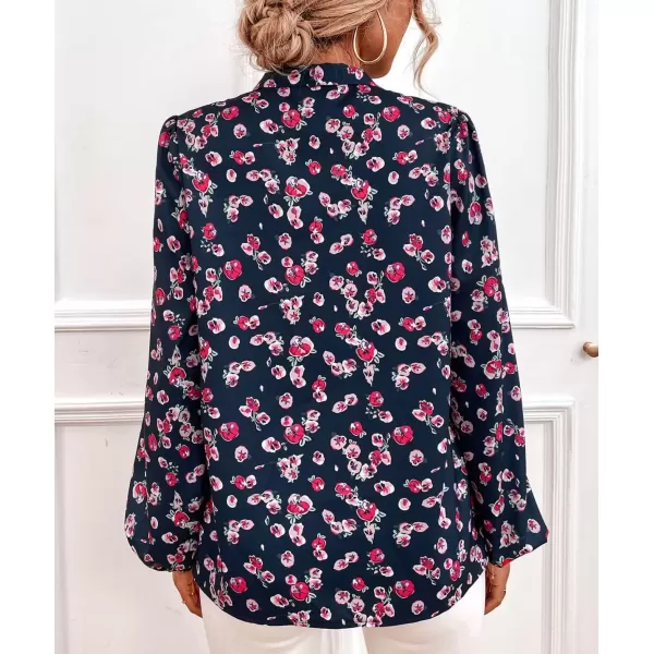 imagechouyatou Womens Tie Neck Blouse Floral Print Lantern Long Sleeve Casual Work Office Shirt TopsPurple Floral