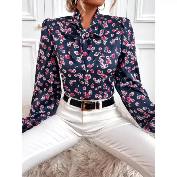 imagechouyatou Womens Tie Neck Blouse Floral Print Lantern Long Sleeve Casual Work Office Shirt TopsPurple Floral