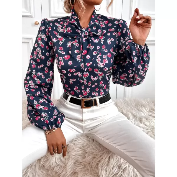 imagechouyatou Womens Tie Neck Blouse Floral Print Lantern Long Sleeve Casual Work Office Shirt TopsPurple Floral